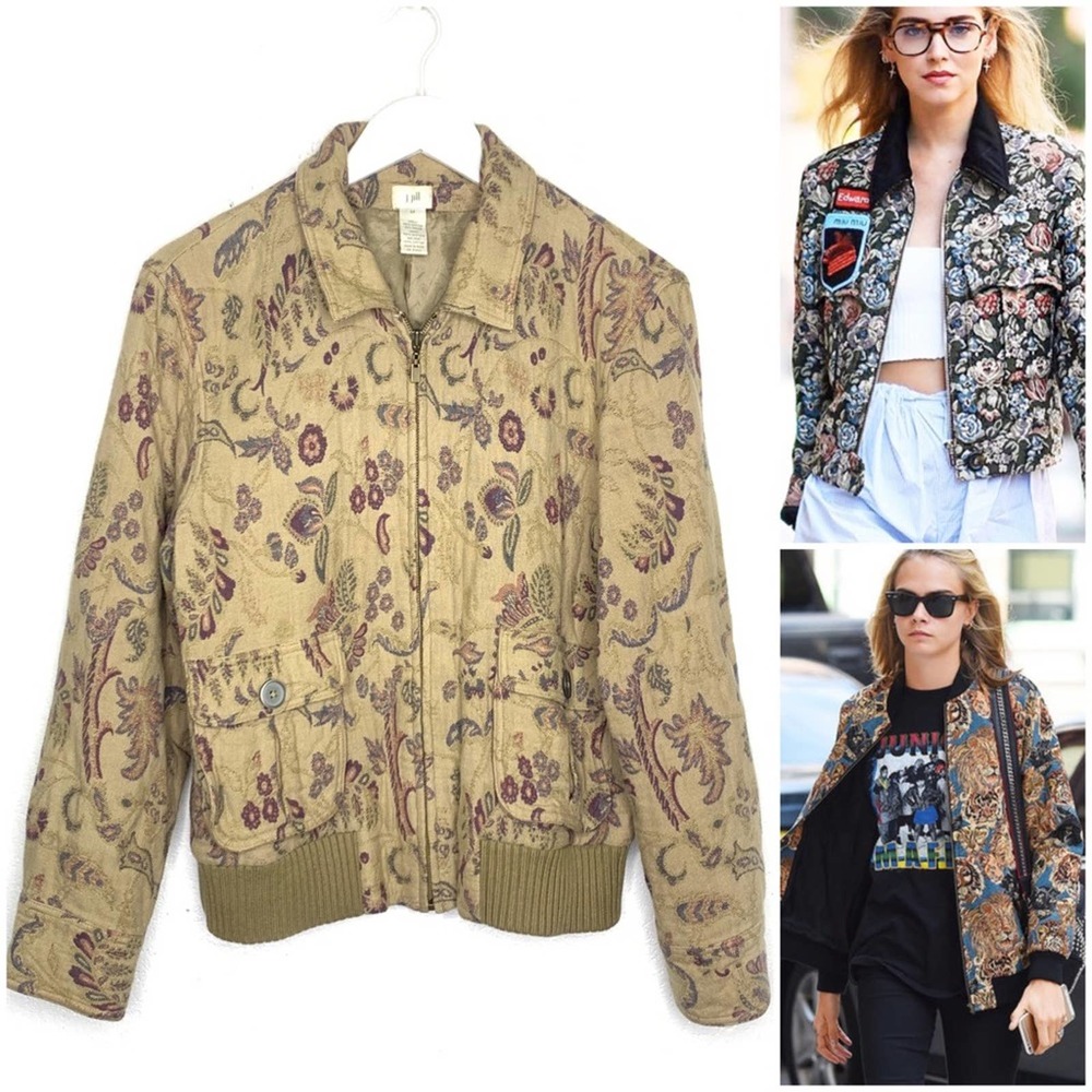 Vintage J Jill Bomber Jacket Floral Tapestry Zip Up Lined 90s 80s Size M